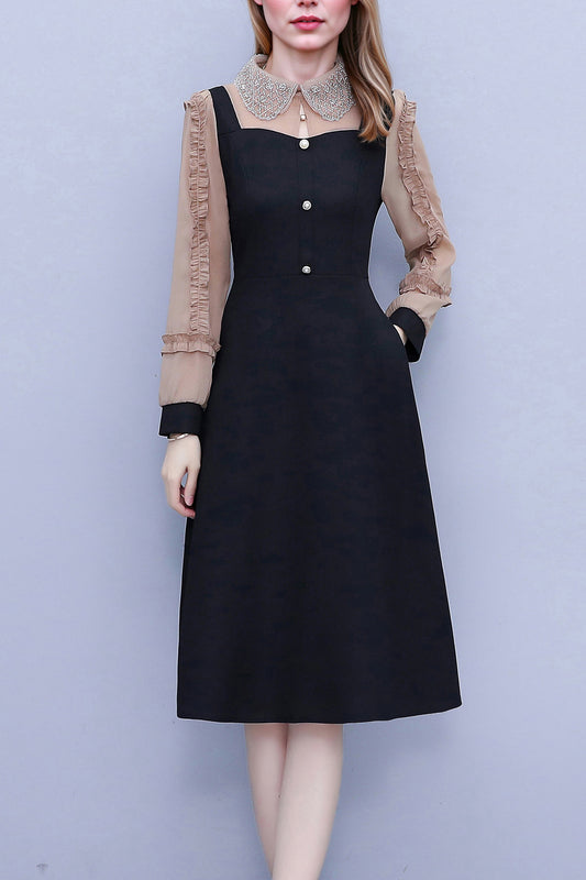 Women's Peter Pan Collar Long Sleeve Black Dress with Pocket