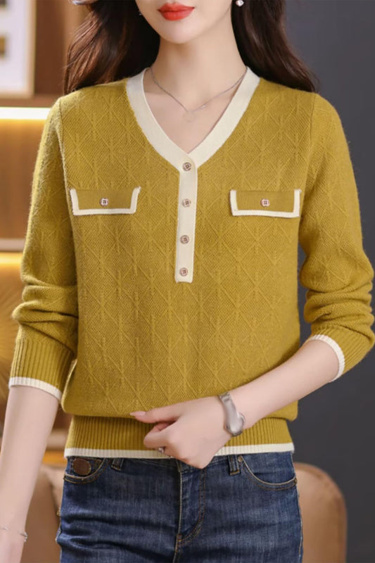 Knit Solid Color Button Pullover Tops