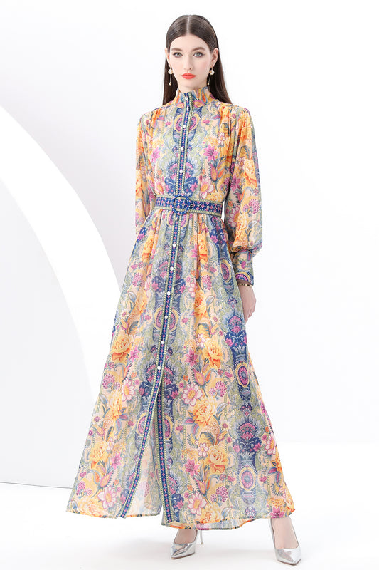 Women's Printed High-neck Puff Sleeves Maxi Dress