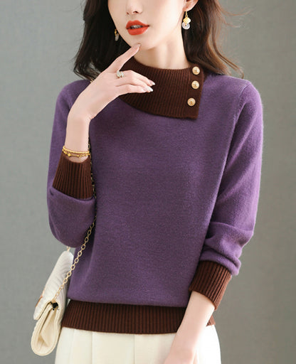 Chic Color-Block Knit Sweater – Asymmetric Neck Pullover Tops
