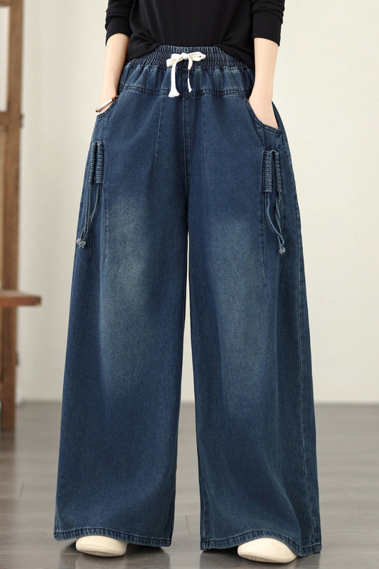 Jeans for Women Wide Leg Pull On Elastic Waist Denim - LAI MENG FIVE CATS