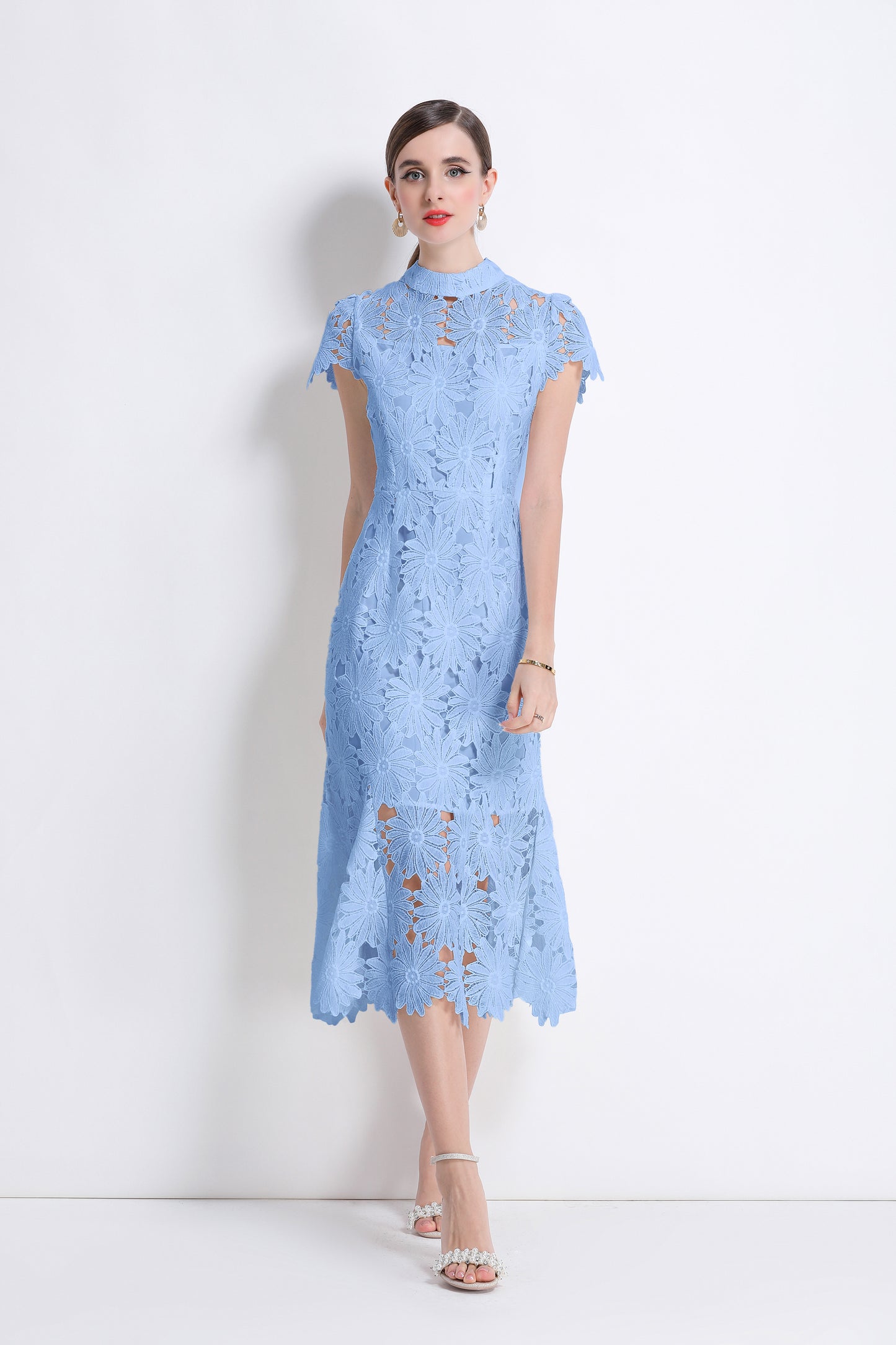 Women Hollow Out Lace Floral Fishtail Midi Dress