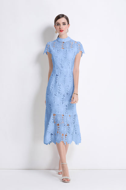 Women Hollow Out Lace Floral Fishtail Midi Dress