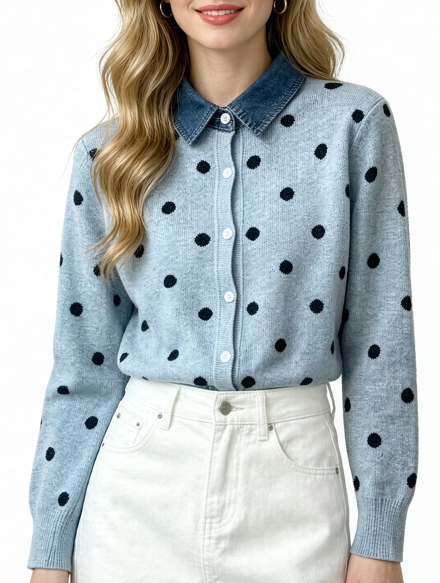 Polka Dot Knit Cardigan with Denim Collar