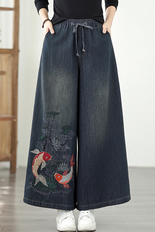 Women's Baggy Jeans Embroidery Wide Leg Denim