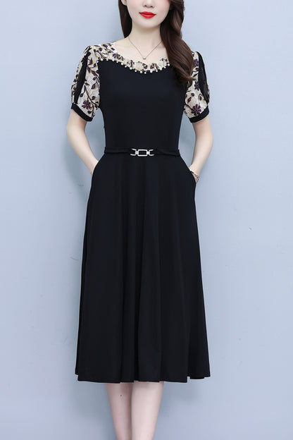 Women's Short Sleeve Pocket A-line Stretch Midi Dress