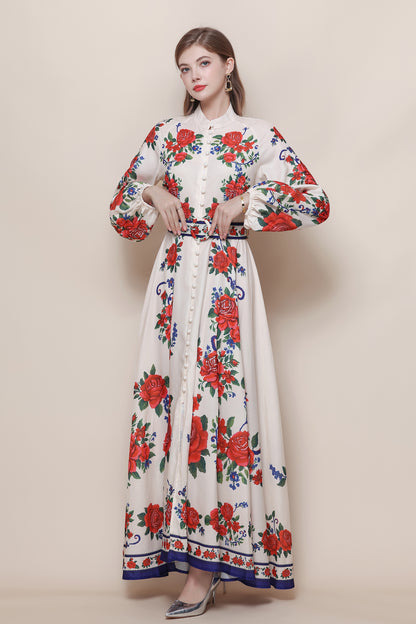 26-Women's Floral Print Puff Sleeve Button Maxi Dress - LAI MENG FIVE CATS