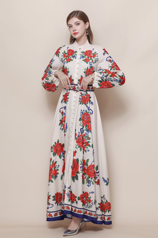 26-Women's Floral Print Puff Sleeve Button Maxi Dress - LAI MENG FIVE CATS