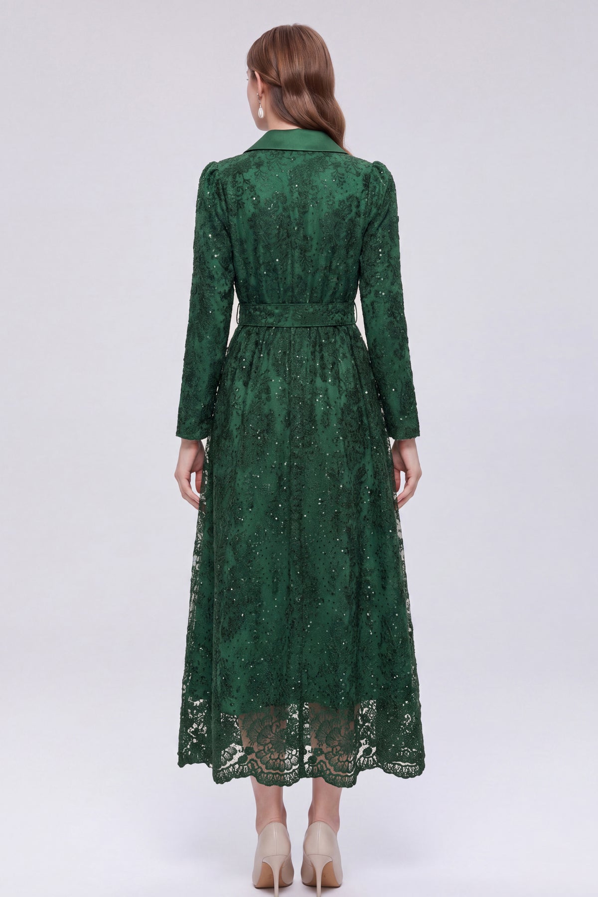 28680-Lace Belted Blazer Dress – Pink & Forest Green | Long Sleeve A-Line Dress