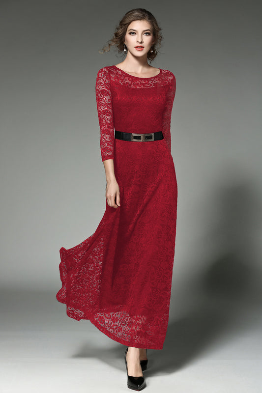 SSY-Women's 3/4 Sleeve Lace Overlay Maxi Dress