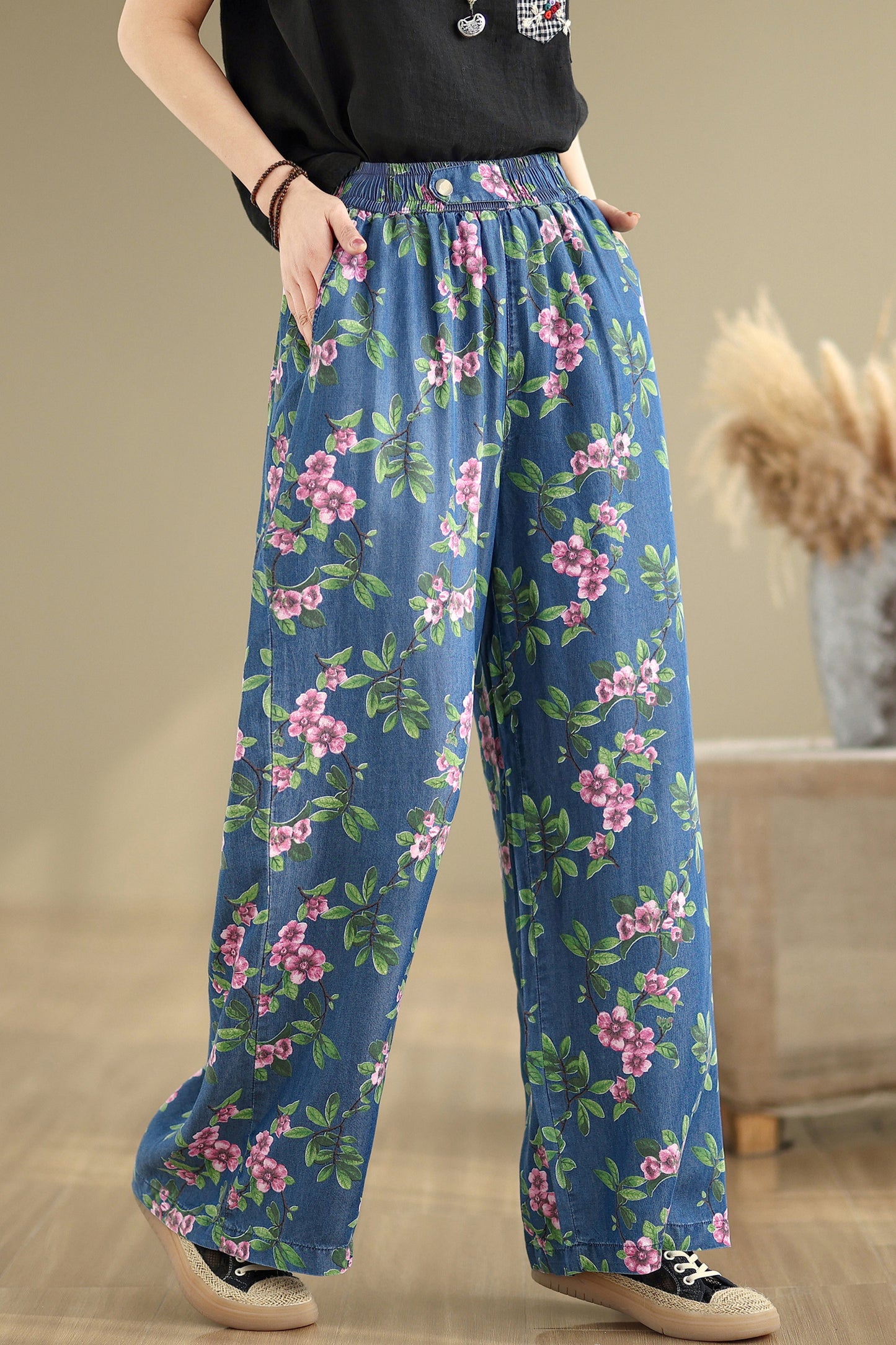 Women's Print Jeans Elastic Waist Wide Leg Pants