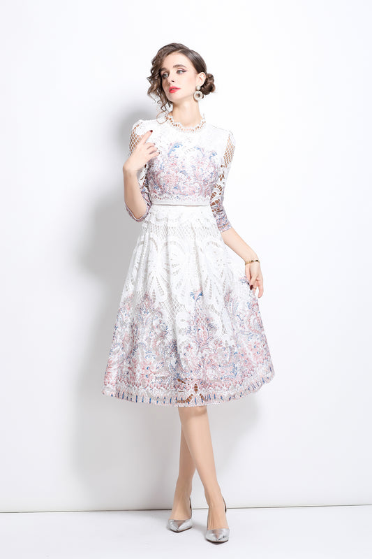 Women's Floral Lace Cocktail Party Swing Midi Dress