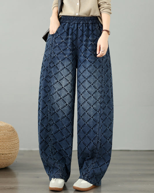 28674-Vintage Plaid Denim Wide Leg Pants with Drawstring Waist