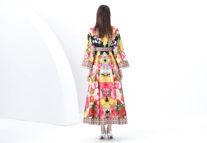 Women's Floral Print Bell Sleeves Maxi Dress