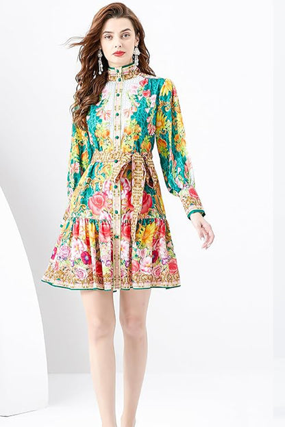 BK-Women's Floral Print Belted Mini Dress