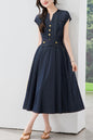 Casual Elegance V-Neck Denim Midi Dress with Pockets