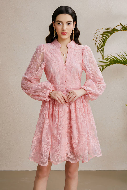 Women's V-Neck Lace Lantern Sleeve Pleated Mini Dress