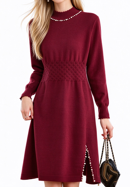 28711 Mock Neck Knit Dress With Pearl Slit Detail - LAI MENG FIVE CATS