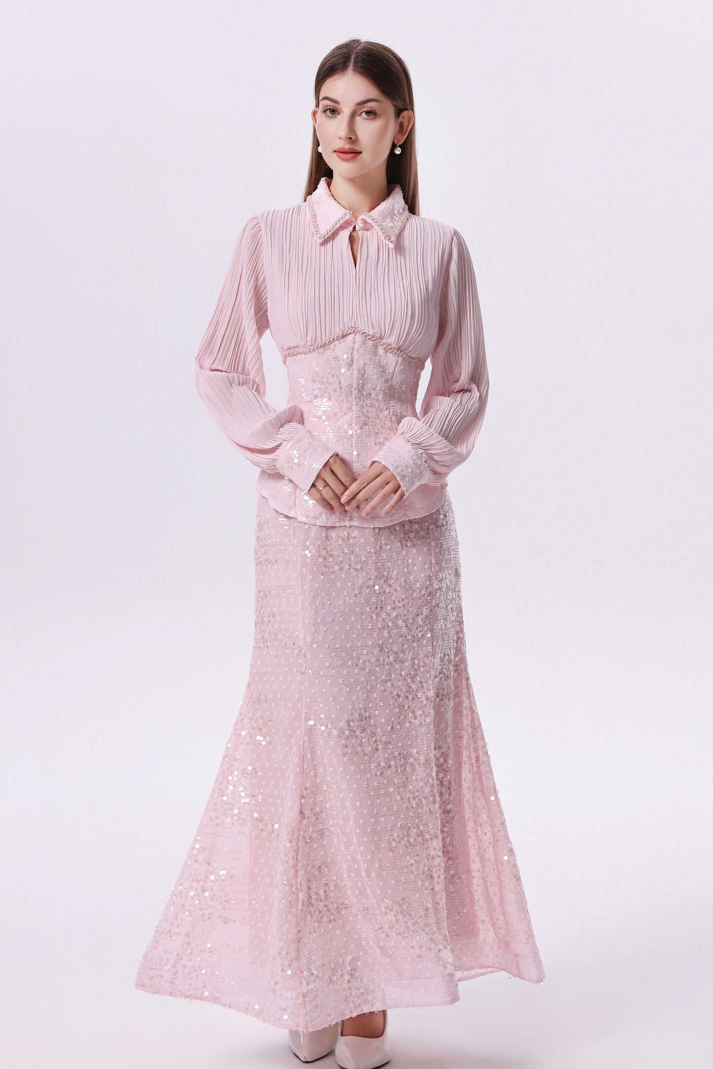Elegant Long Sleeve Beaded Sequin Mermaid Maxi Dress Set