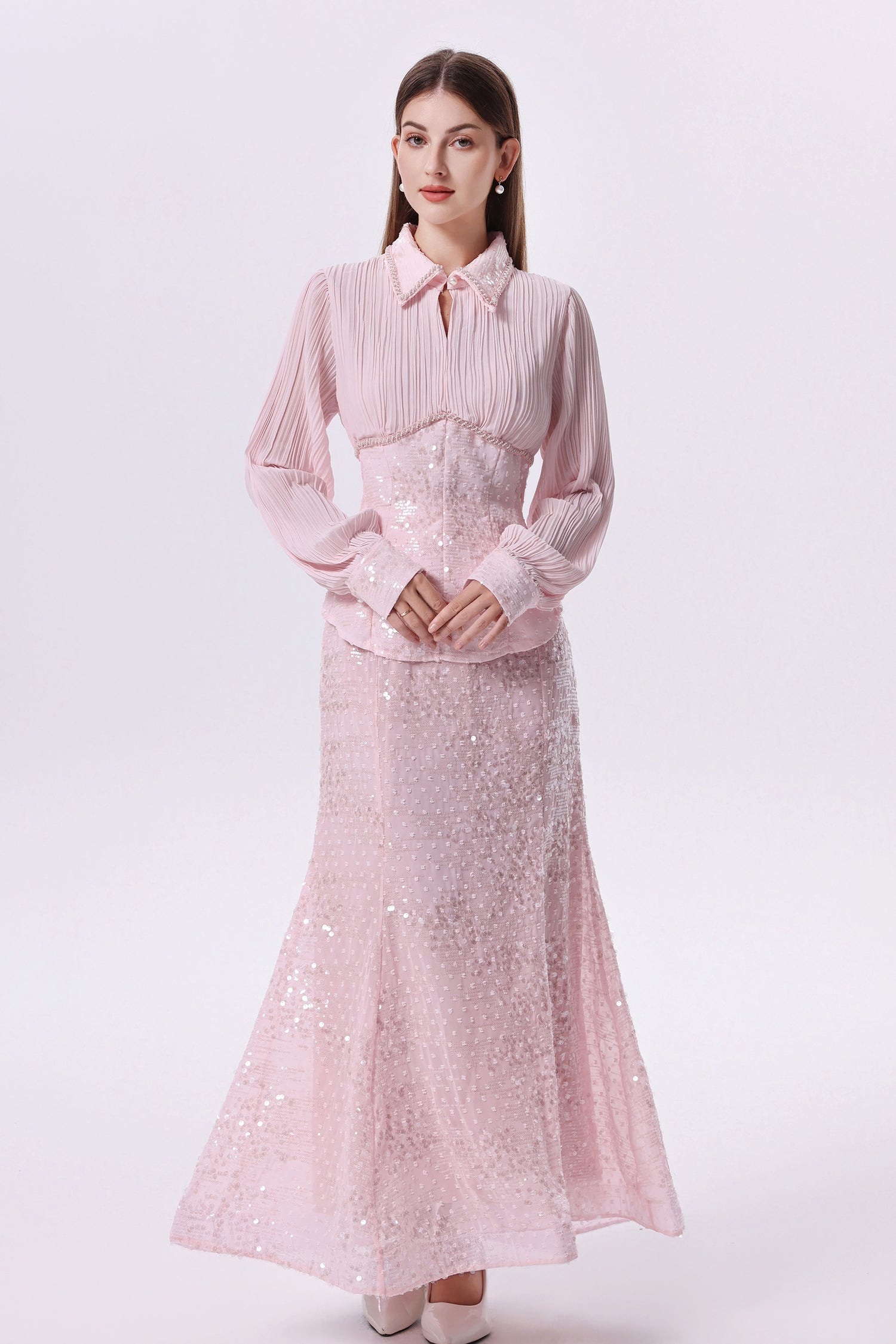 Elegant Long Sleeve Beaded Sequin Mermaid Maxi Dress Set - LAI MENG FIVE CATS