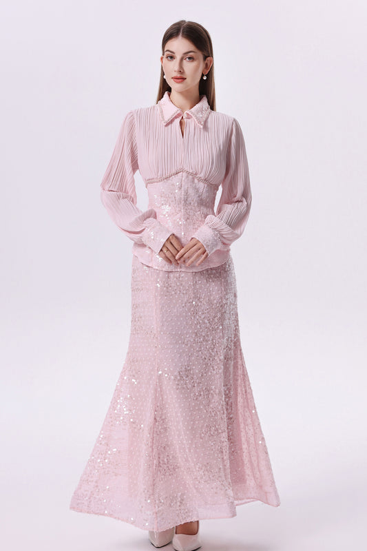 Elegant Long Sleeve Beaded Sequin Mermaid Maxi Dress Set