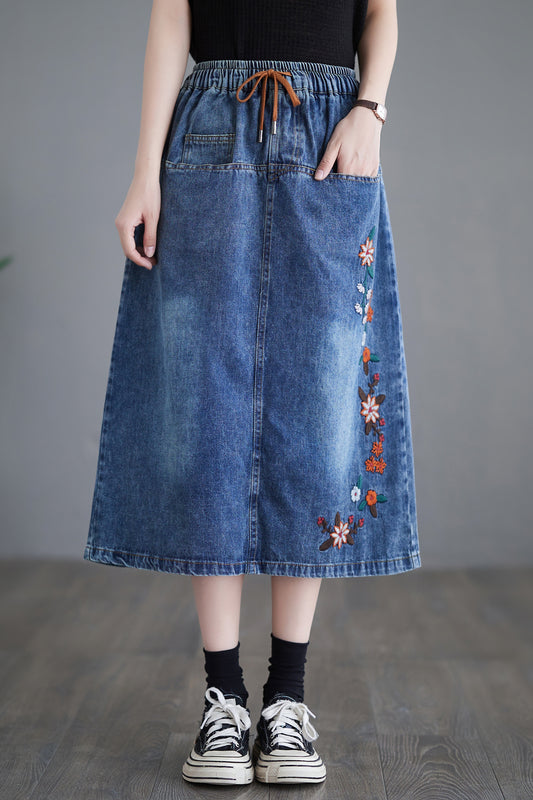 Women's Denim Drawstring Waist Pockets Jean Skirt
