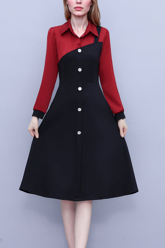 Women's V-Neck Long Sleeve with Pockets Black Dress