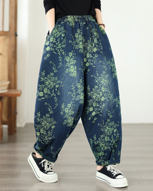 Vintage Print Denim Jeans for Women - High-Waisted, Loose-Fit Harem Pants - LAI MENG FIVE CATS