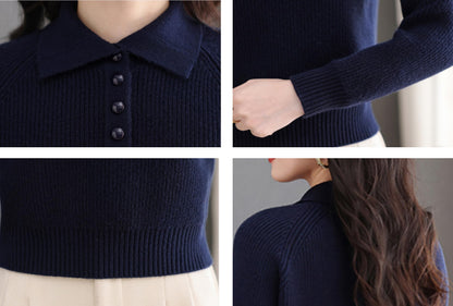 Women's Ribbed Knit Polo Top — Soft Button-Front Sweater