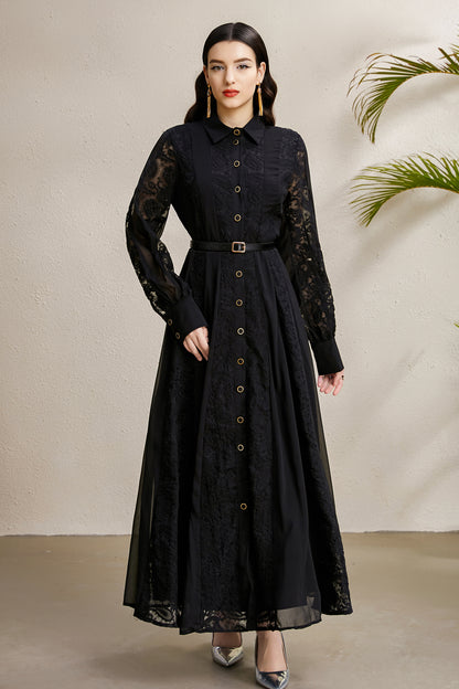 Women's Floral Print Lace Puff Sleeve Maxi Dress