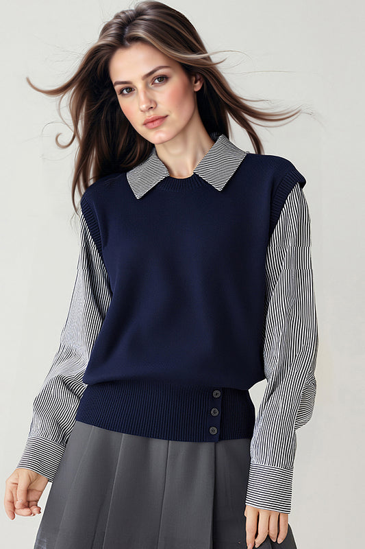 Women's Collared Stirpe Long Sleeve Pullover Sweater