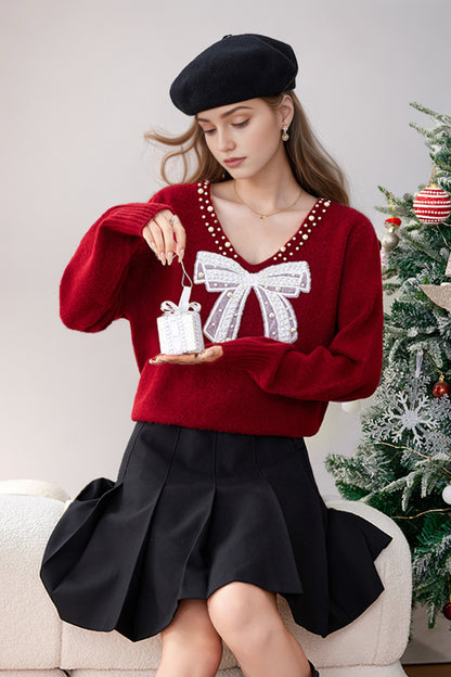 SD-Bow Sparkling Beads Pullover Sweater