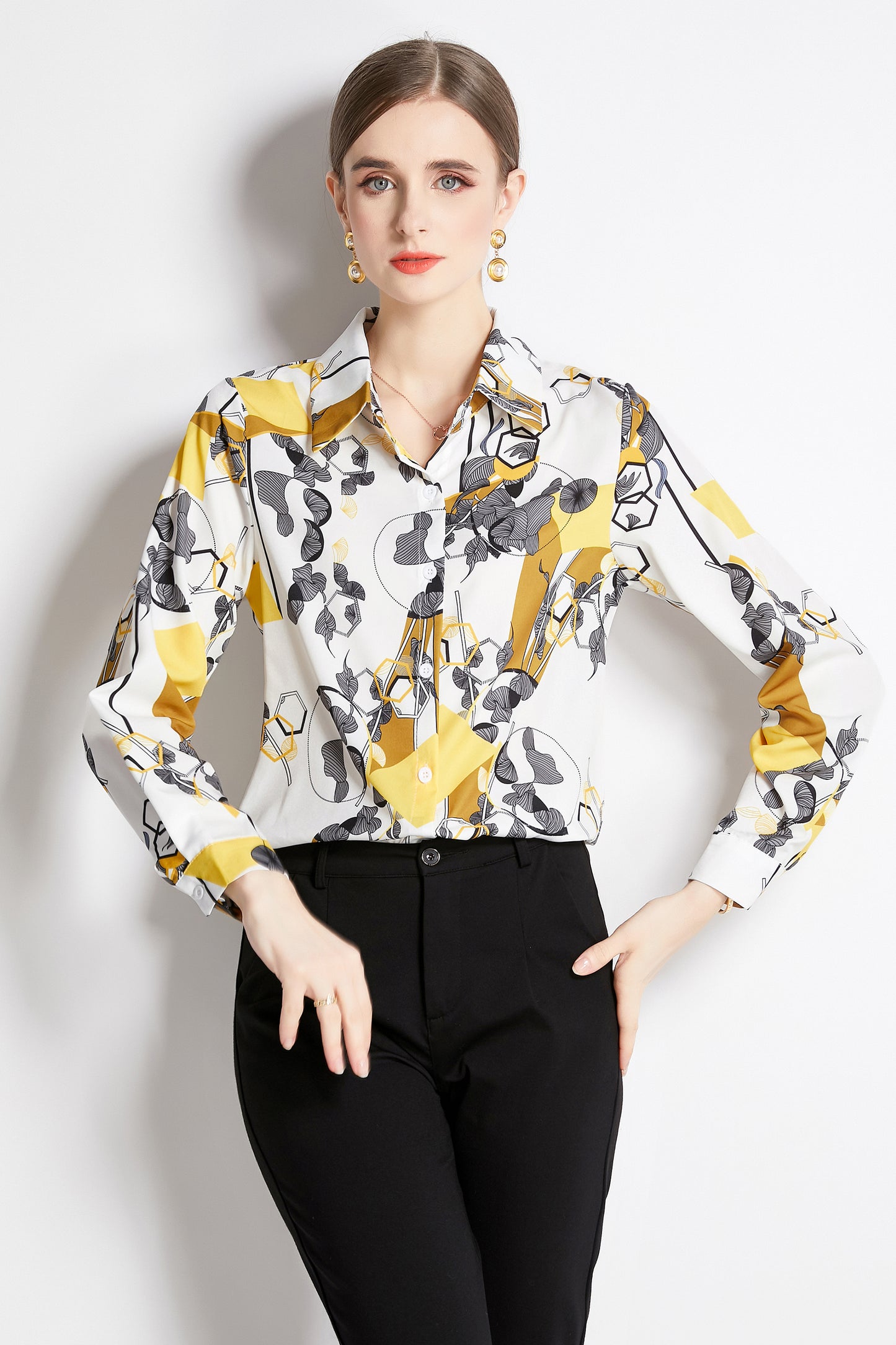 ESY-Women's Shirt Floral Print Long Sleeve Button Blouse
