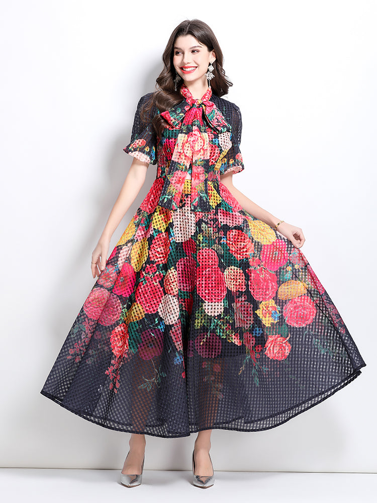 Oil painting flower print A-line dress