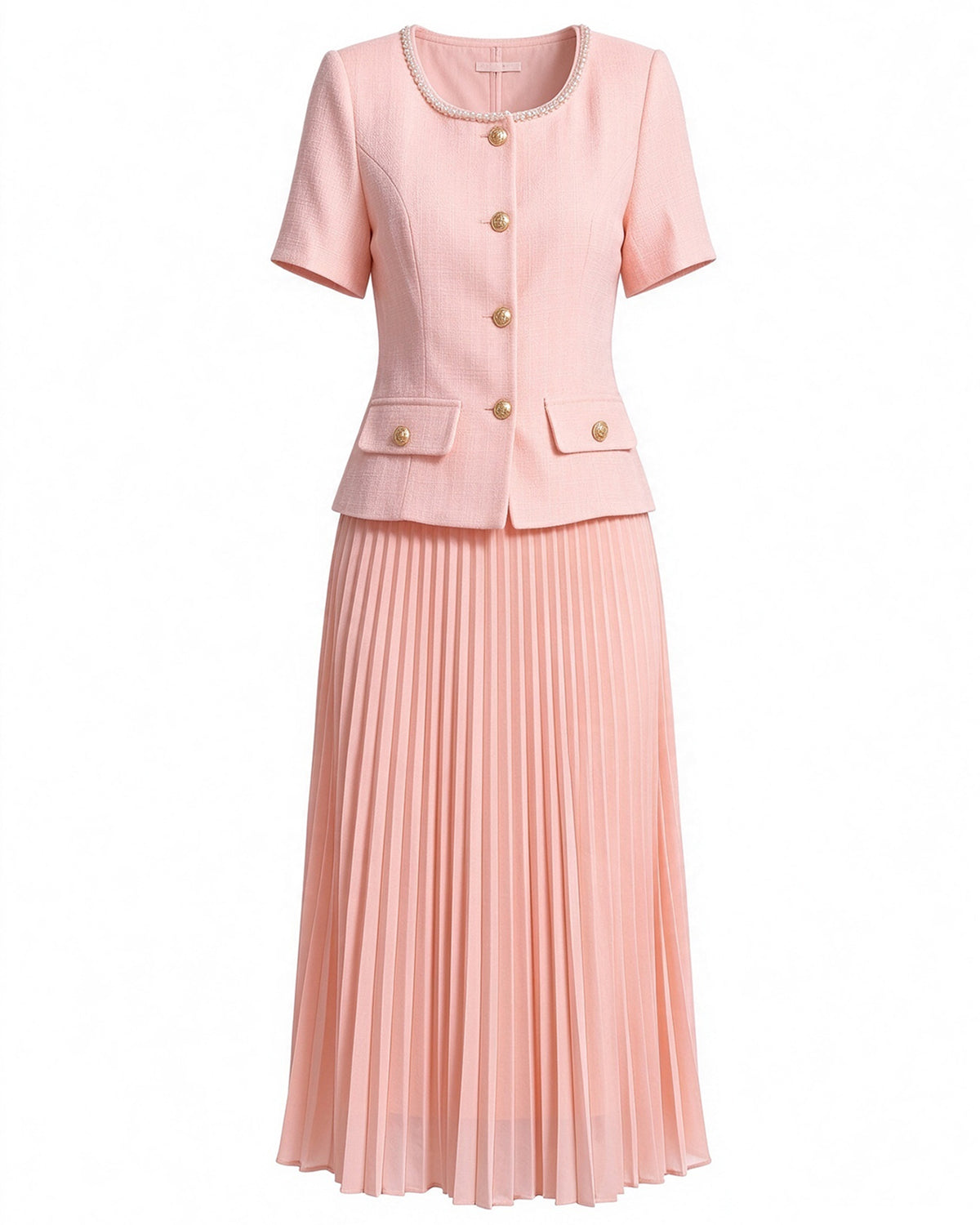 28664-Pearl-Trim Long Sleeve Elegant Pleated Skirt Set