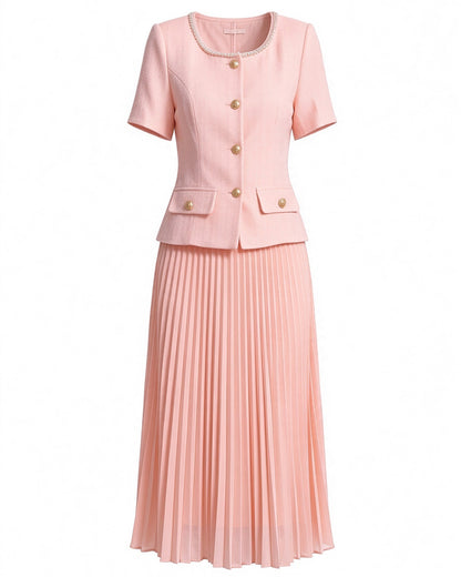 28664-Pearl-Trim Long Sleeve Elegant Pleated Skirt Set