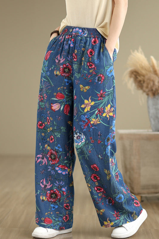 Women's Print Jeans Elastic Waist Wide Leg Pants