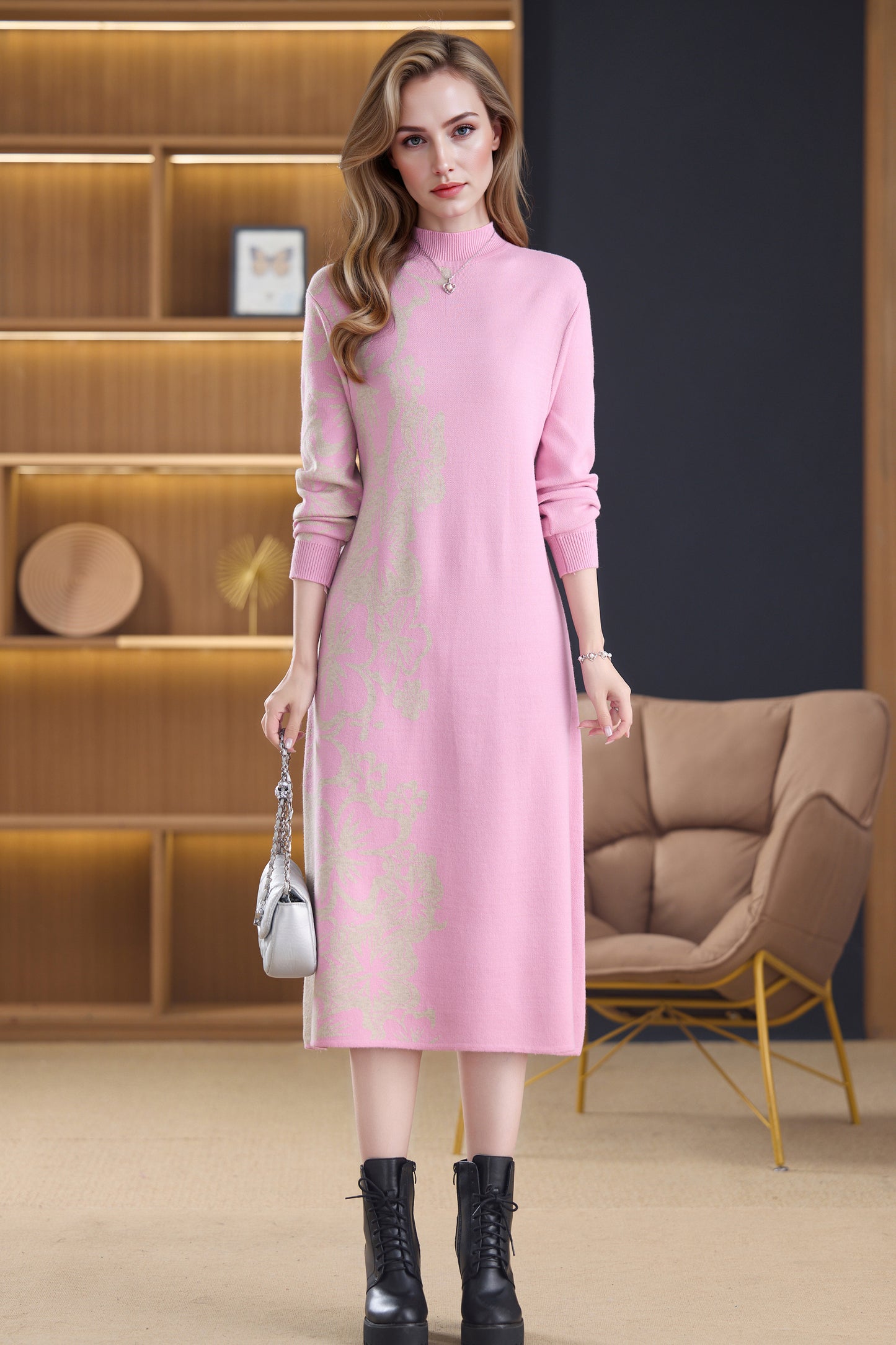 Women's Long Sleeve Stretch Sweater Knit Midi Dress