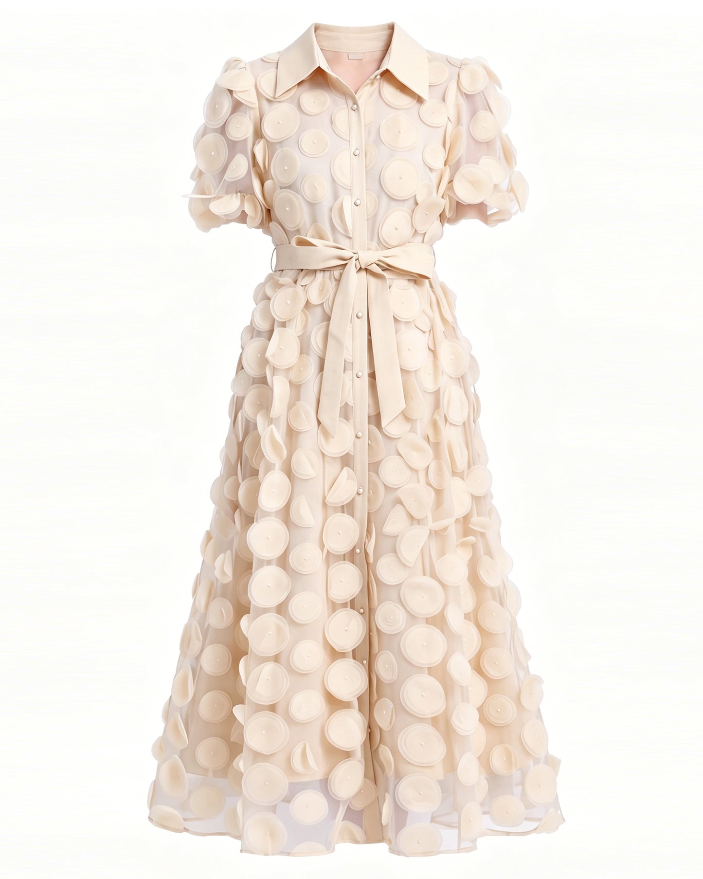 LAI MENG FIVE CATS Beige 3D Floral Midi Dress