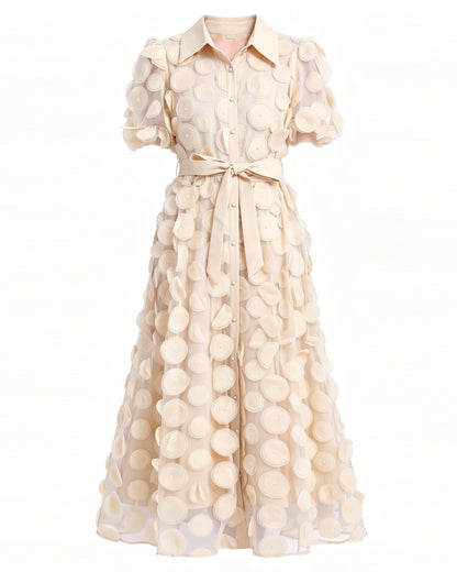 LAI MENG FIVE CATS Beige 3D Floral Midi Dress