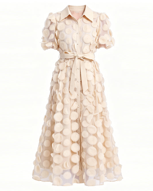 LAI MENG FIVE CATS Beige 3D Floral Midi Dress
