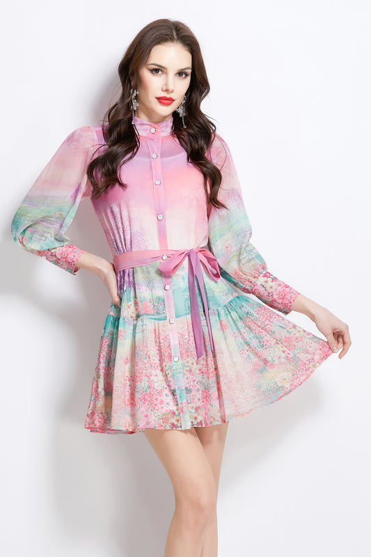 Women's Floral Print Lantern Sleeve Ruffle Mini Dress