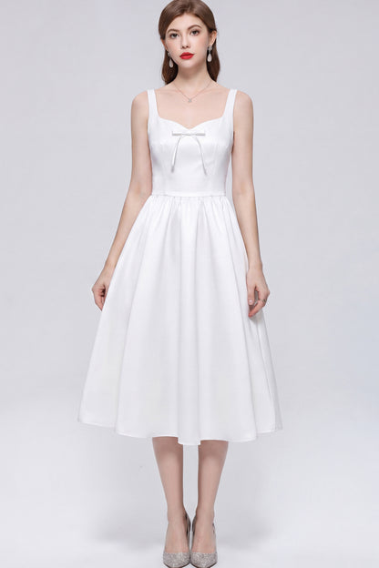 Elegant White Satin Bow Sleeveless Strappy A-Line Party Midi Dress