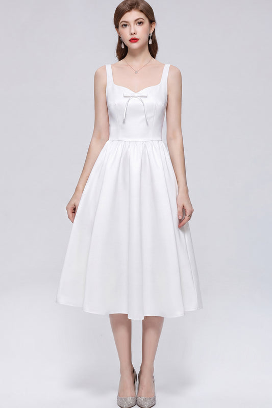 Elegant White Satin Bow Sleeveless Strappy A-Line Party Midi Dress