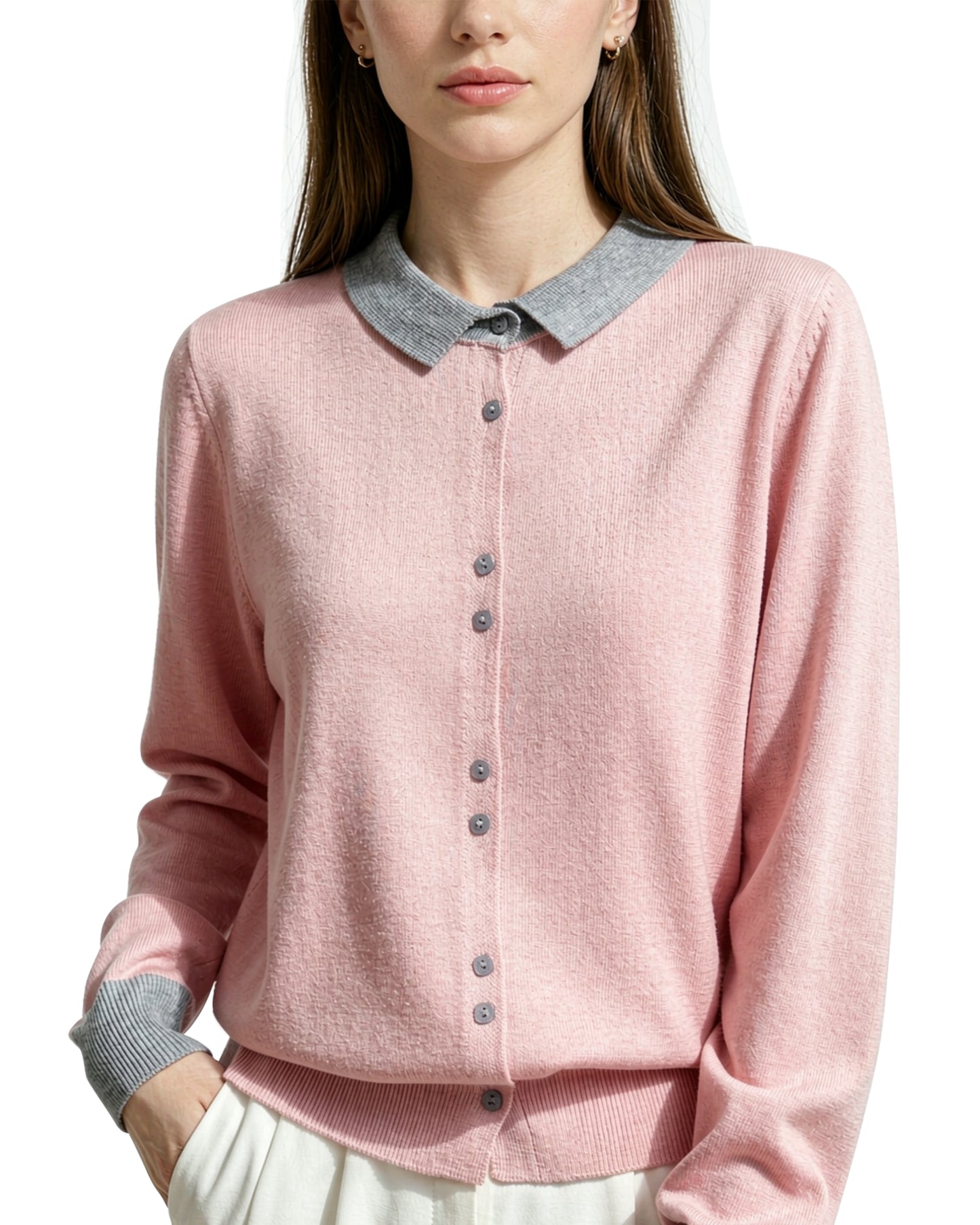 Contrast Collar Knit Cardigan – Two-Tone Polo Button-Up Sweater