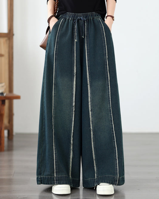 Vintage Denim Wide Leg Pants - Elastic Waist Drawstring & Distressed Seam Details