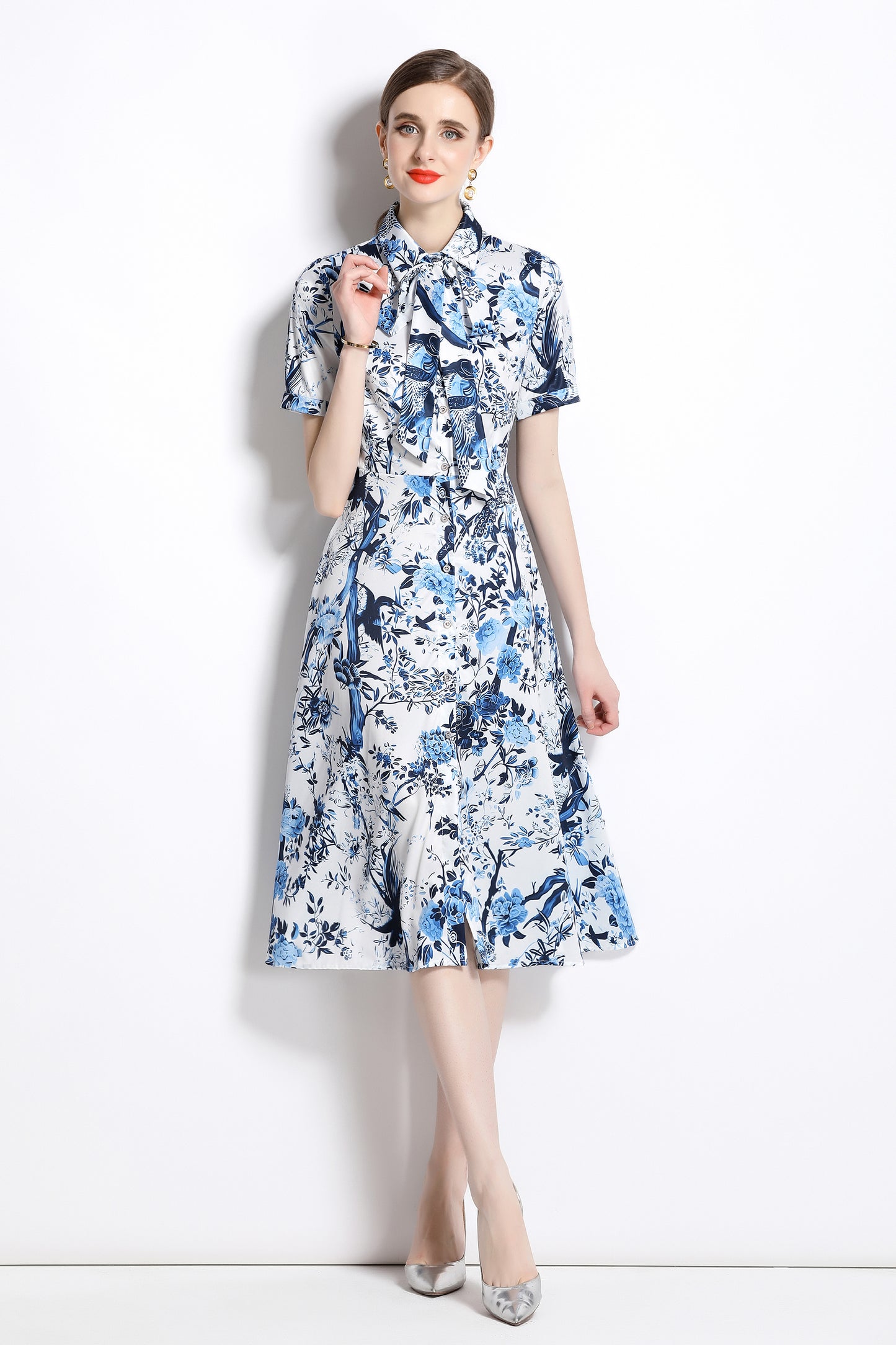 FSY-Women's Short Sleeve Floral Print Button Midi Dress