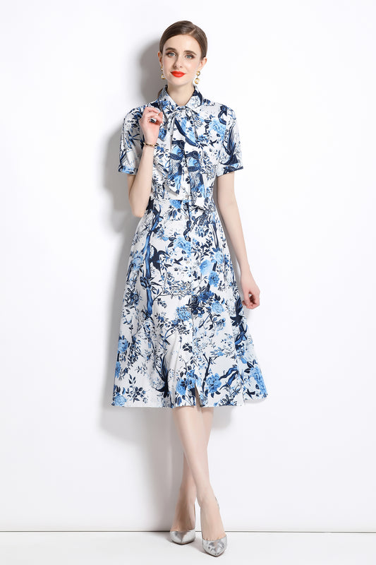 FSY-Women's Short Sleeve Floral Print Button Midi Dress