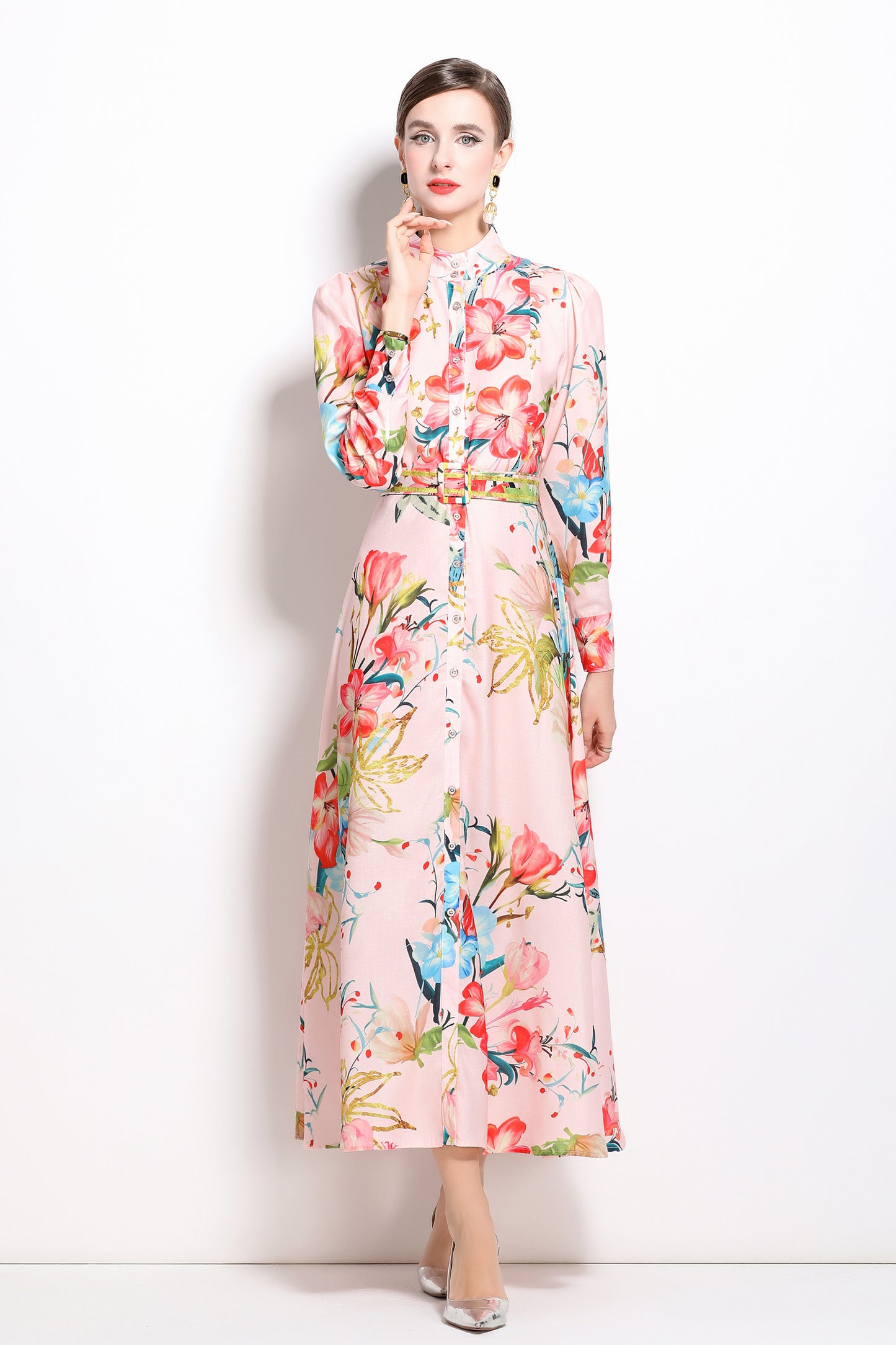 FSY-Women's Floral Print Long Sleeve Button Loose Maxi Dress
