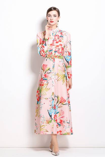 FSY-Women's Floral Print Long Sleeve Button Loose Maxi Dress